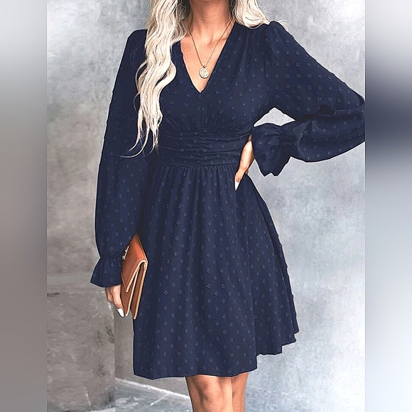 New Flowy Dot Long Sleeve Ruched Waist Short Dress Navy Blue - Picture 4 of 8